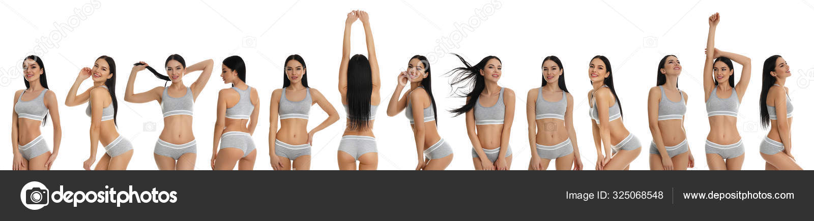 Collage Beautiful Young Woman Grey Sportive Underwear Isolated White Banner  Stock Photo by ©NewAfrica 325068548