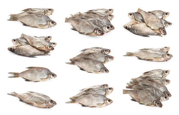 Set Von Leckeren Trockenen Fischen Auf Weißem Hintergrund — Stockfoto