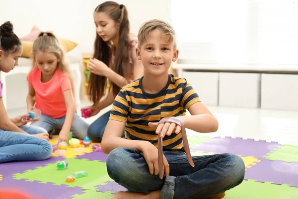 Preteen Boy Playing Slime Room — Stock Photo, Image