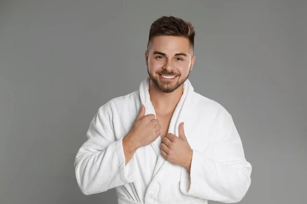 Happy Young Man Bathrobe Grey Background — Stock Photo, Image