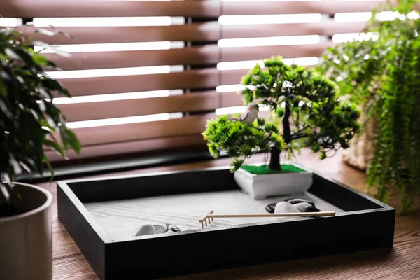 Piękny Miniaturowy Ogród Zen Drewnianym Stole — Zdjęcie stockowe