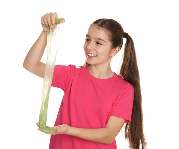 Preteen Mädchen Mit Schleim Auf Weißem Hintergrund — Stockfoto