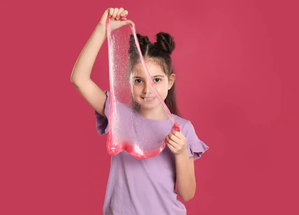 Little Girl Slime Pink Background — Stock Photo, Image