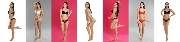 Collage Junger Frauen Verschiedenen Unterhosen Auf Farbigen Hintergründen Bannerdesign — Stockfoto