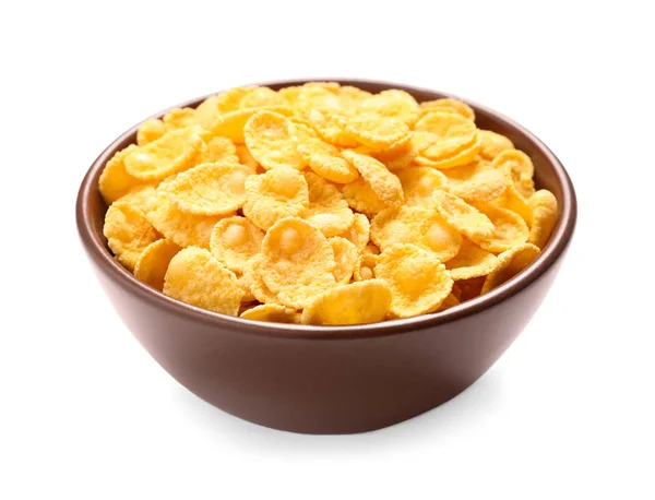 Schüssel mit leckeren Cornflakes auf weißem Hintergrund — Stockfoto