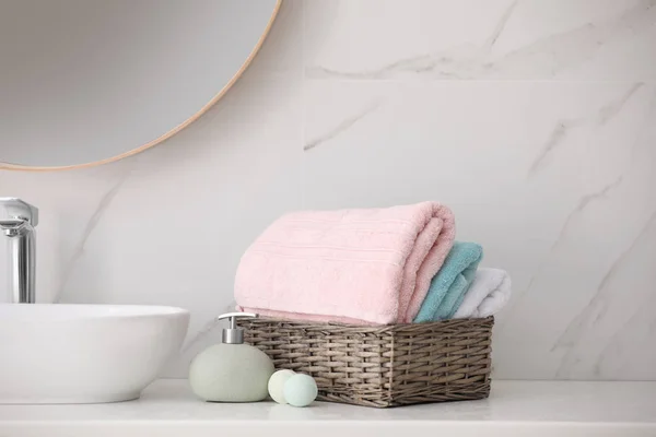 Basket Fresh Towels Soap Dispenser Bath Bombs Countertop Indoors — Stock Photo, Image