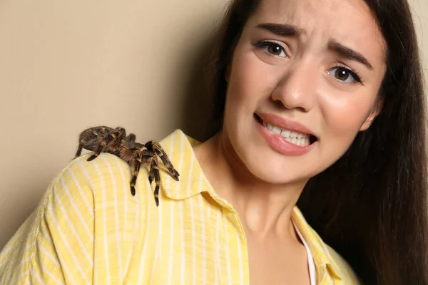 Mujer Joven Asustada Con Tarántula Sobre Fondo Beige Aracnofobia Miedo — Foto de Stock