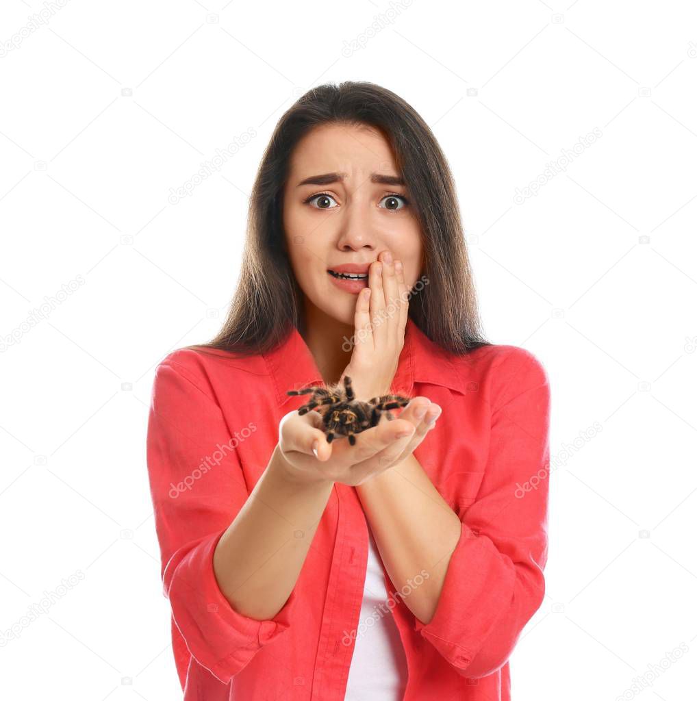 Scared young woman with tarantula on white background. Arachnophobia (fear of spiders)