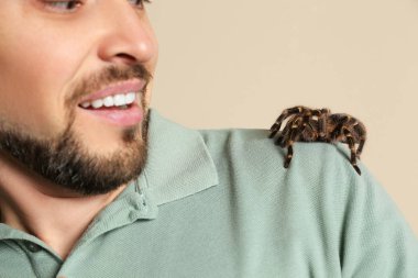 Bej arka planda tarantula olan korkmuş bir adam, yakın plan. Araknofobi (örümcek korkusu))