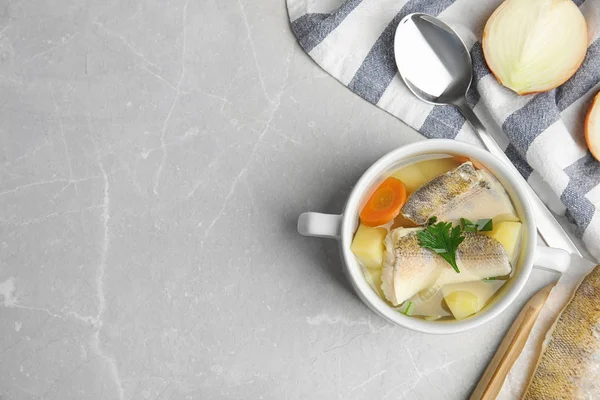 Delicious Fish Soup Served Light Table Flat Lay Space Text — Stock Photo, Image