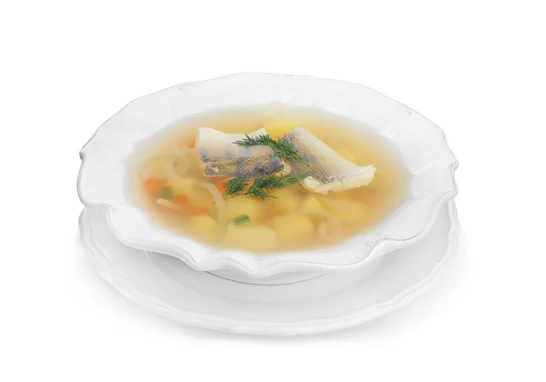 Sopa Peixe Deliciosa Tigela Isolada Branco — Fotografia de Stock