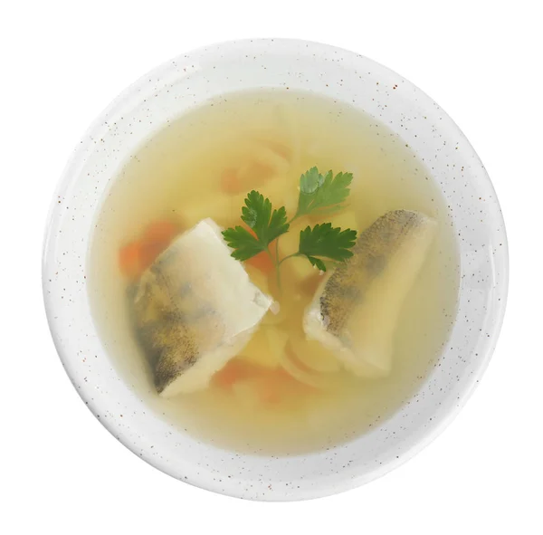 Delicious fish soup in bowl isolated on white, top view — Stock Photo, Image