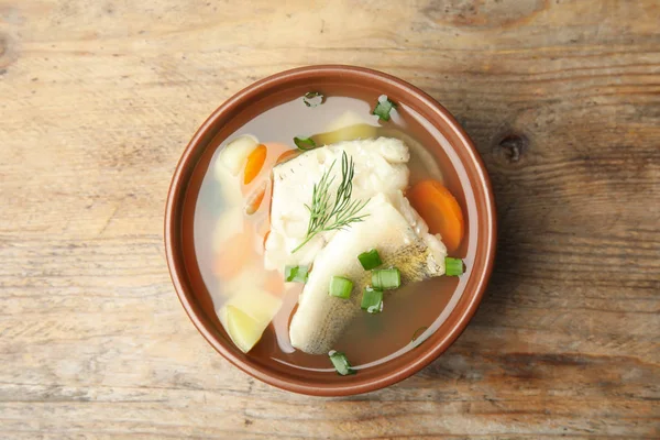 Sopa Peixe Deliciosa Tigela Mesa Madeira Vista Superior — Fotografia de Stock