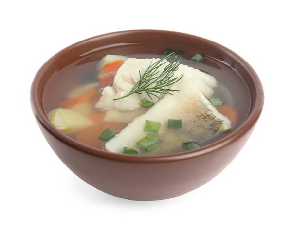 Sopa de peixe deliciosa em tigela isolada em branco — Fotografia de Stock