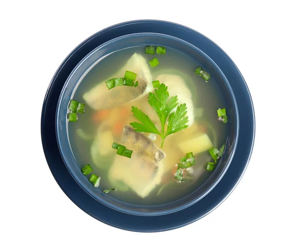 Deliciosa Sopa Pescado Tazón Aislado Blanco Vista Superior —  Fotos de Stock
