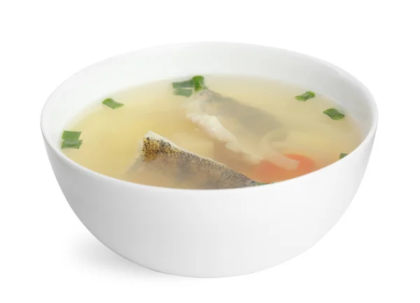 Sopa de peixe deliciosa em tigela isolada em branco — Fotografia de Stock