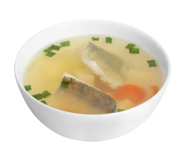 Sopa de peixe deliciosa em tigela isolada em branco — Fotografia de Stock