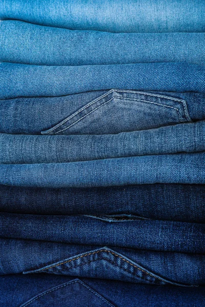 Empilement Différents Jeans Comme Fond Gros Plan — Photo