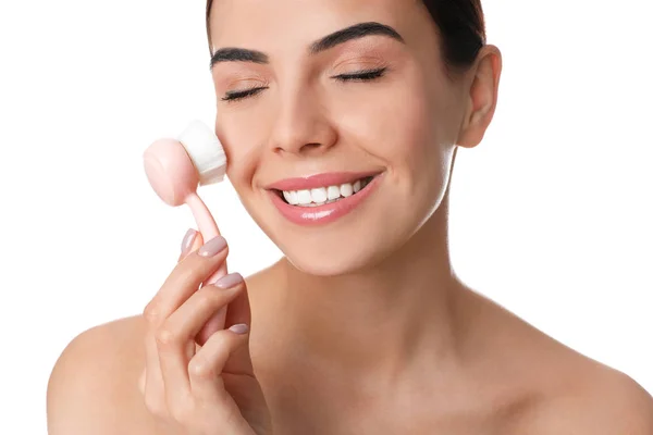 Young Woman Using Facial Cleansing Brush White Background Washing Accessory — Stock Photo, Image