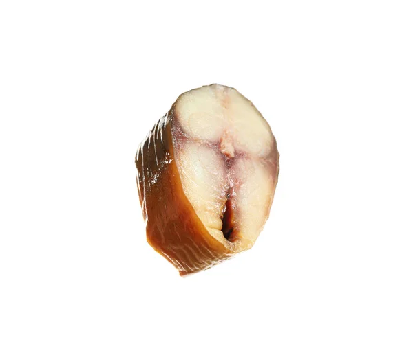 Slice of tasty smoked fish isolated on white — Stock Photo, Image