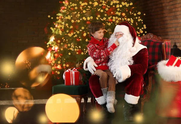 Santa Claus Little Boy Christmas Tree Indoors — Stock Photo, Image
