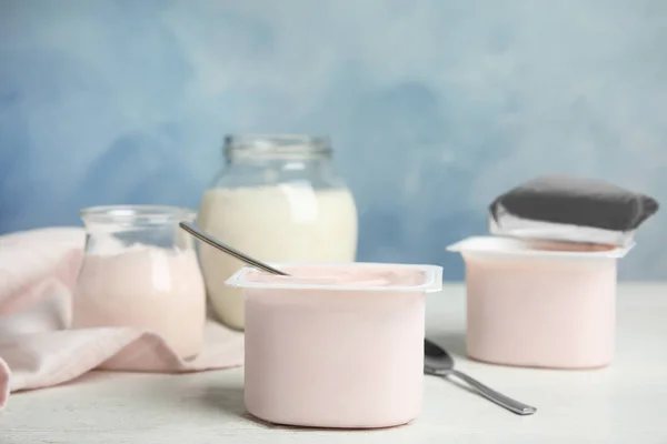 Tasty Organic Yogurt White Wooden Table Light Blue Background Space — ストック写真