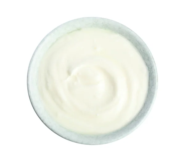 Sabroso Yogur Orgánico Tazón Aislado Blanco Vista Superior — Foto de Stock