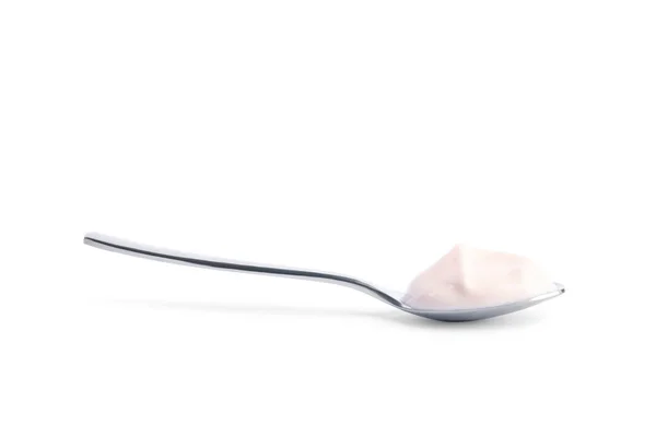 Spoon Med Välsmakande Ekologisk Yoghurt Isolerad Vitt — Stockfoto