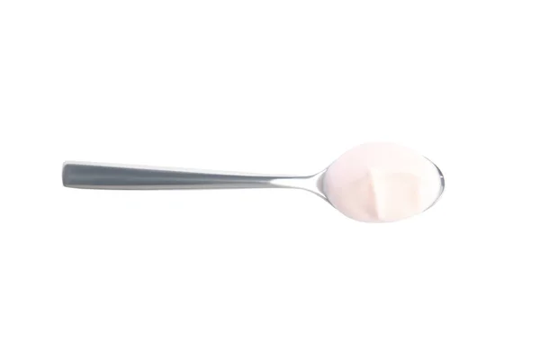 Colher Com Iogurte Orgânico Saboroso Isolado Branco Vista Superior — Fotografia de Stock
