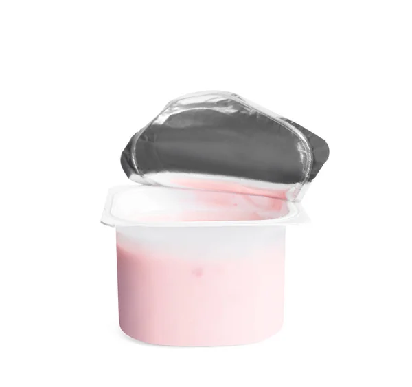 Sabroso Yogur Orgánico Taza Plástico Aislado Blanco — Foto de Stock