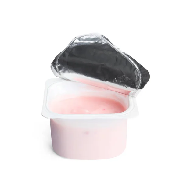 Iogurte Orgânico Saboroso Copo Plástico Isolado Branco — Fotografia de Stock