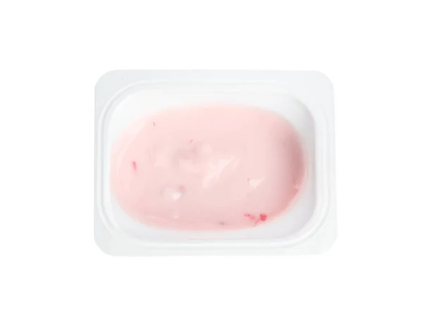 Smaklig Ekologisk Yoghurt Plastmugg Isolerad Vit Ovanifrån — Stockfoto