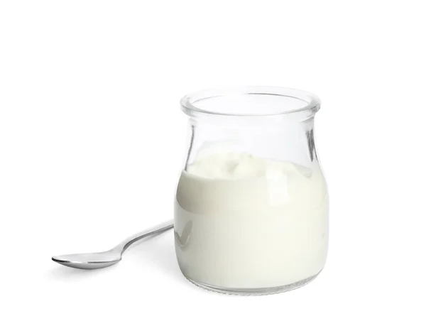 Leckerer Bio Joghurt Glas Und Löffel Isoliert Auf Weiß — Stockfoto