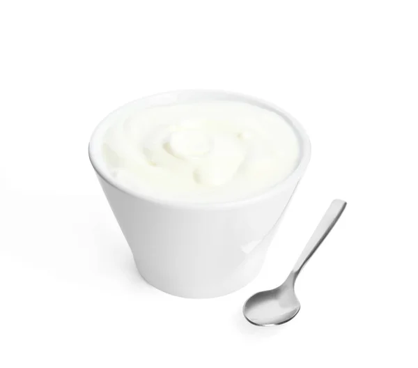 Gustoso Yogurt Biologico Ciotola Cucchiaio Isolato Bianco — Foto Stock