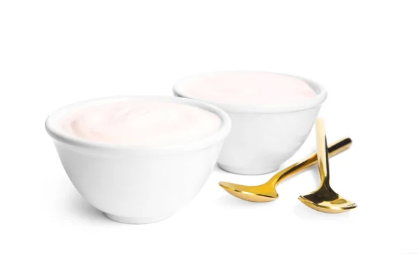 Tasty Organic Yogurt Bowls Spoons Isolated White — Stock Photo, Image