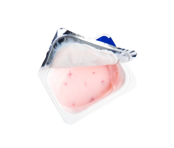 Smaklig Ekologisk Yoghurt Plastmugg Isolerad Vit Ovanifrån — Stockfoto