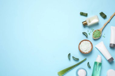 Açık mavi zemin üzerinde aloe vera ve kozmetik ürünleri ile düz bileşim yatıyordu. Metin için boşluk