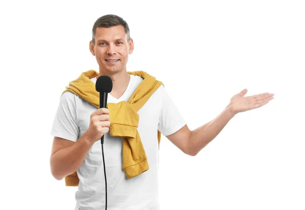 Male Journalist Microphone White Background — Stock Photo, Image