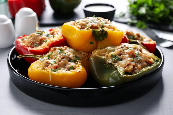 Tasty Stuffed Bell Peppers Served Grey Table — Stock Photo, Image