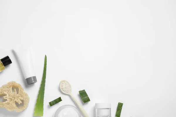 Flat Lay Composition Aloe Vera Cosmetic Products White Background — Stock Photo, Image