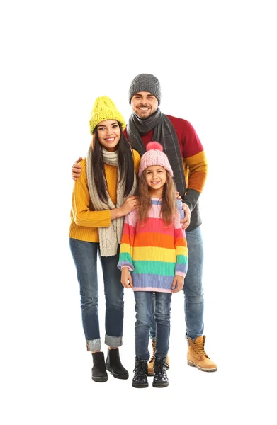 Família Feliz Roupas Quentes Fundo Branco Férias Inverno — Fotografia de Stock
