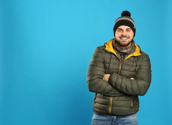 Happy Young Man Warm Clothes Blue Background Space Text Winter — Stock Photo, Image