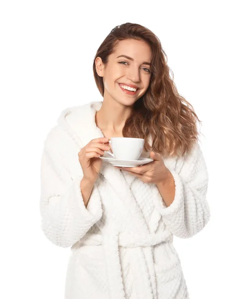 Bella Donna Con Tazza Caffè Che Indossa Accappatoio Sfondo Bianco — Foto Stock