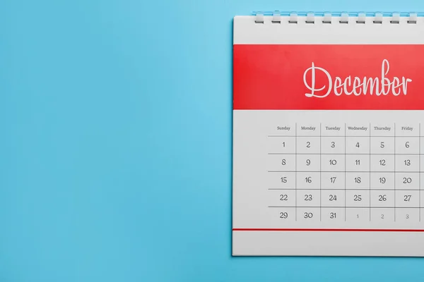 December Calendar Light Blue Background Top View Space Text — Stock Photo, Image