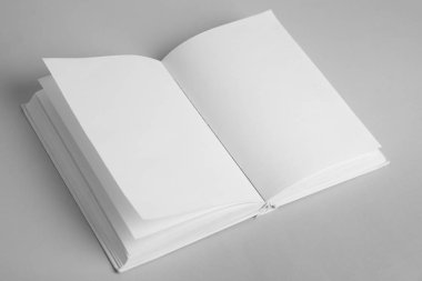 Gri arkaplan üzerine boş sayfaları olan kitabı aç