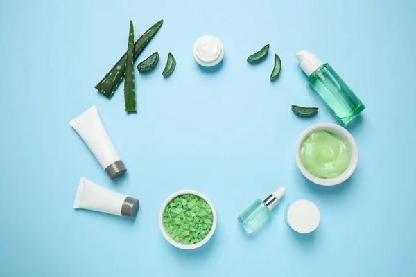 Flat Lay Composition Different Cosmetic Products Aloe Light Blue Background — Stock Photo, Image