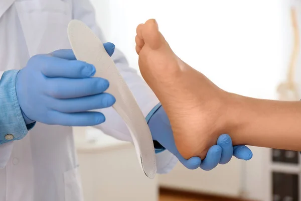 Male Orthopedist Fitting Insole Patient Foot Clinic Closeup — Stock Photo, Image