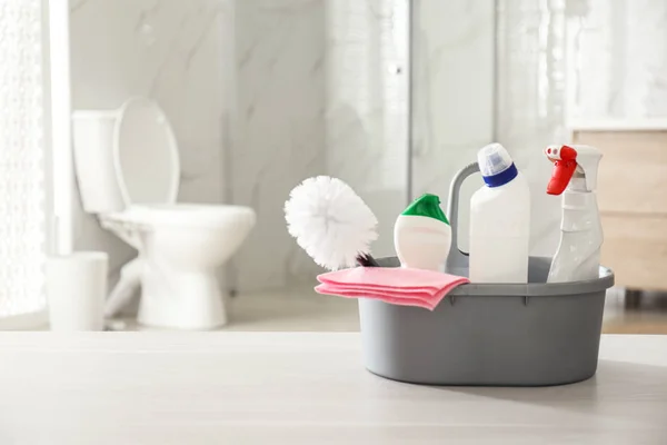 Cleaning Supplies Toilet Bowl Bathroom Space Text — Stock Photo, Image