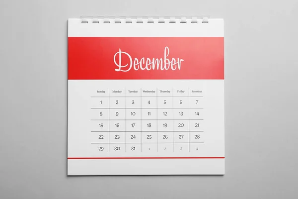 December Calendar Light Grey Background Top View — Stock Photo, Image