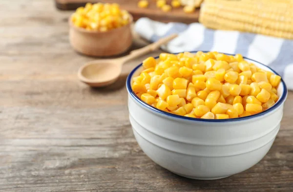 Delicious Canned Corn Bowl Wooden Table Closeup Space Text — Stock Photo, Image